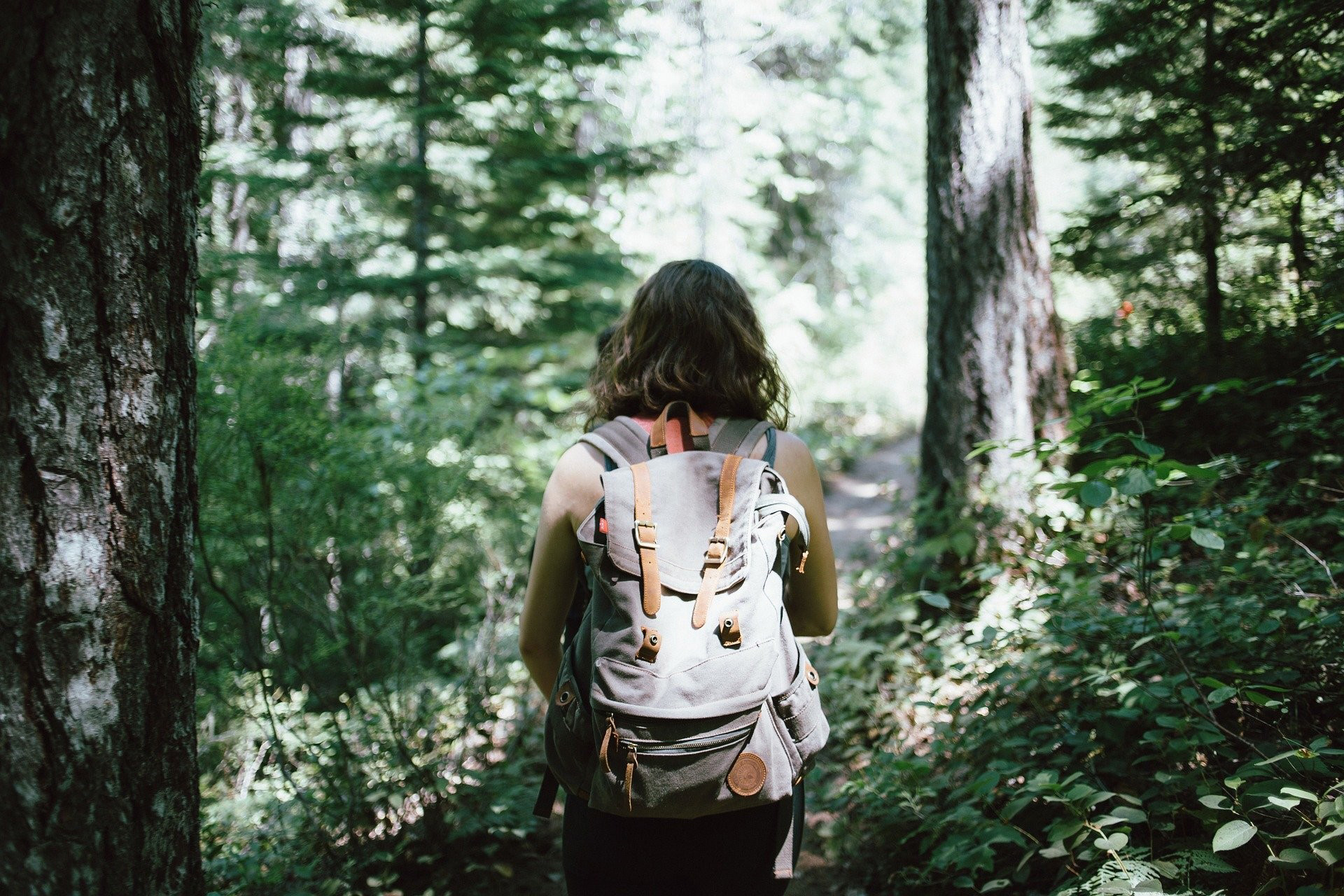 Frau mit Rucksack geht durch den Wald